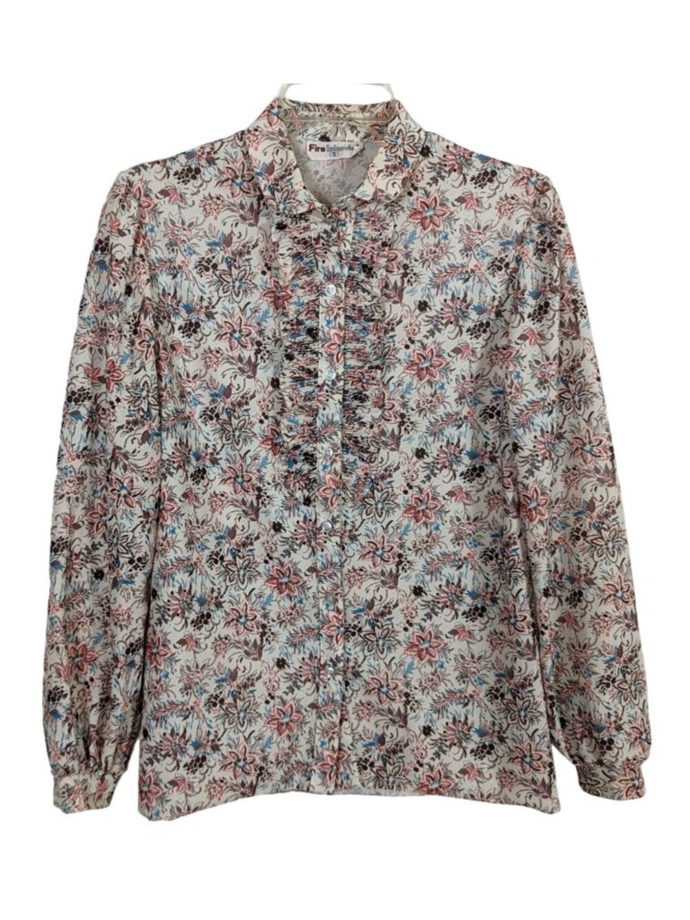 Vintage Fire Islander long sleeve button up ruffled front floral blouse size S